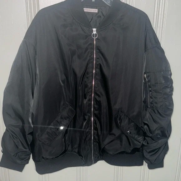 Black Bomber Jacket with Silver Zipper by Sincerely Jules - Size XL - Picture 1 of 9
